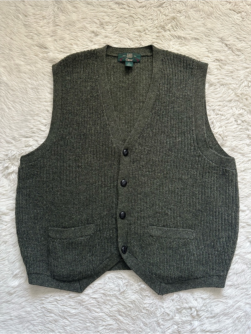 Vintage Orvis Sweater Vest 100% Shetland Wool Ribbed Knit Button Front Sz L